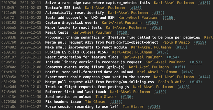 Screenshot of git prlog alias output